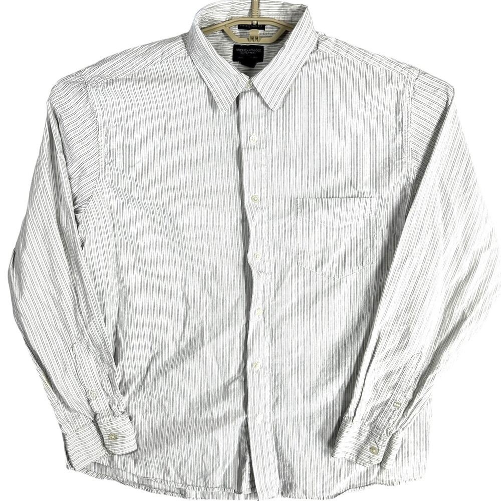 American Eagle Button Up Shirt Mens XL White Blue Green Striped Vintage Slim Fit
